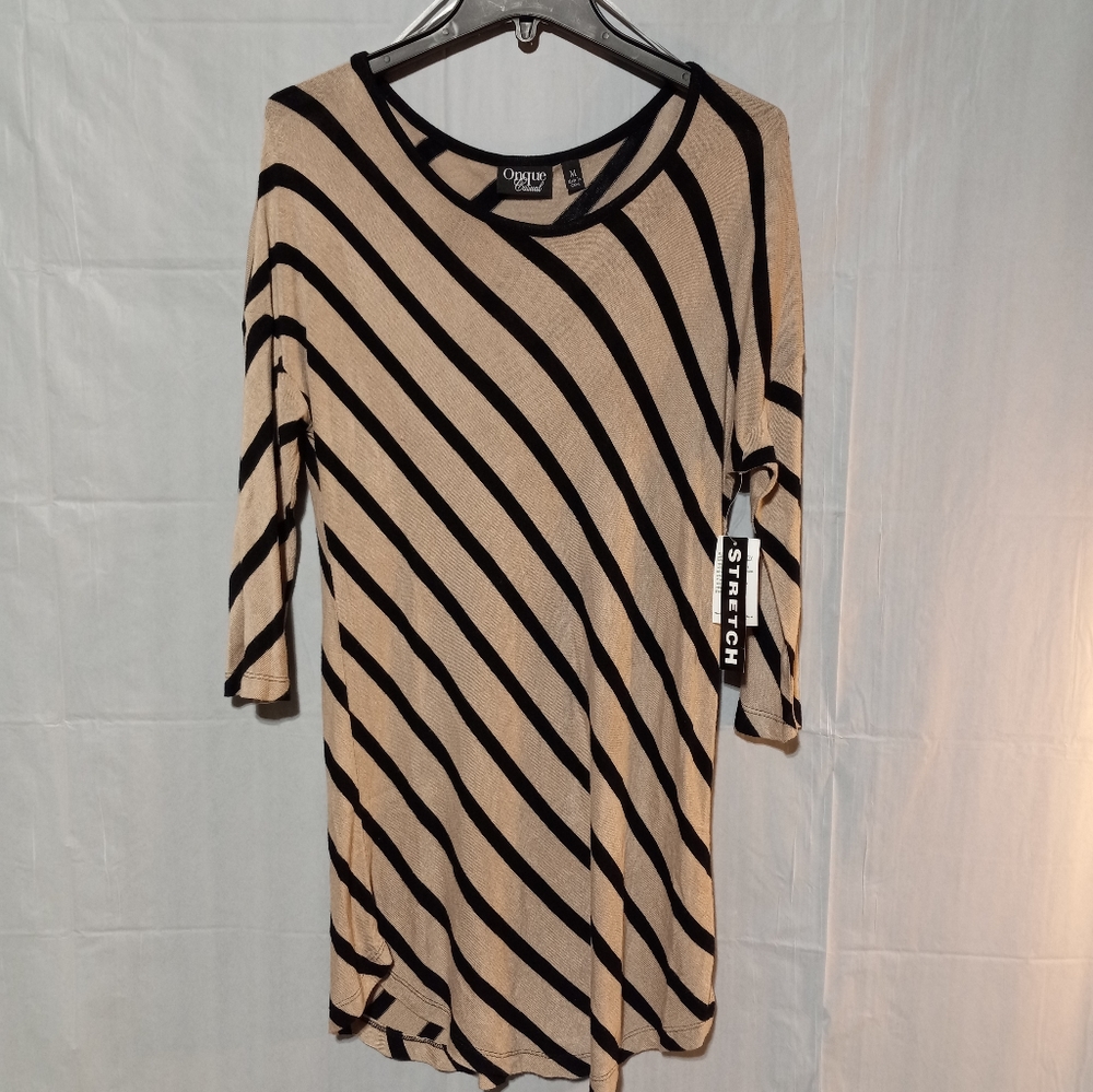 NWT Onque Casual Stretchy Stretchy Dress, Medium, Tan with Black Stripes